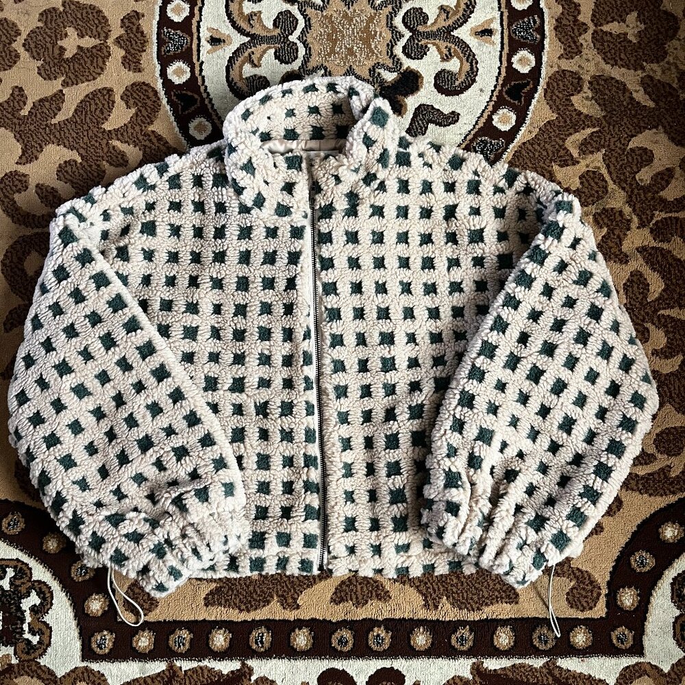 Tan Brown and Green Checkered Fuzzy Sherpa Zip Up Jacket